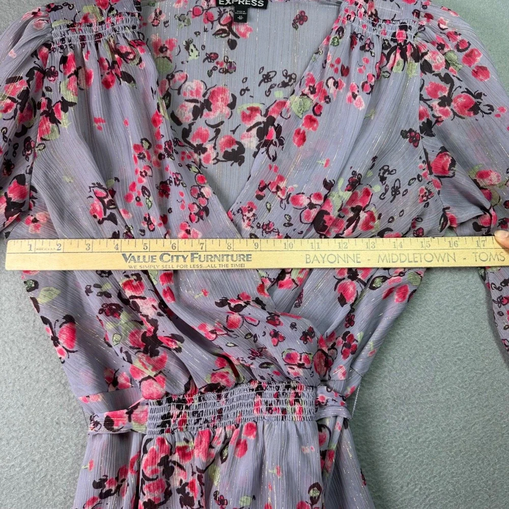 Express Boho Floral Metallic Wrap Blouse Smocked‎ Waist Lavender Romantic XS